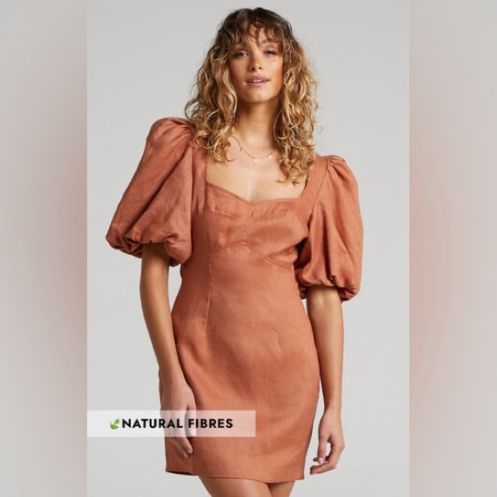 Showpo Rust Mini Dress with Puff Sleeves
